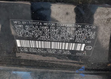 2006 Lexus Is 250 z USA, uszkodzony, nr VIN JTHCK262362007273